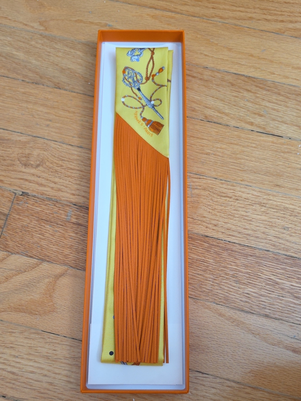 Hermes Yellow and Orange Silk Twilly Fringe Scarf Wrap